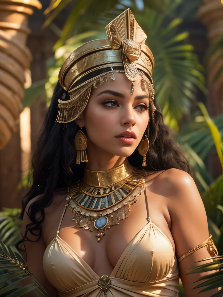 cleopatra, Woman with slightly generous curves. hot gorgeous European woman. Age 23. 100DD size breast.cleavage. reclining in an oasis, surrounded by lush greenery and palm trees, wearing an ornate headdress and jewelry, serene and confident expression, (best quality,4k,8k,highres,masterpiece:1.2),ultra-detailed,(realistic,photorealistic,photo-realistic:1.37),8k, HDR, studio lighting, extremely detailed face and eyes, flawless skin, ornate egyptian style, dramatic lighting, warm color palette, cinematic composition