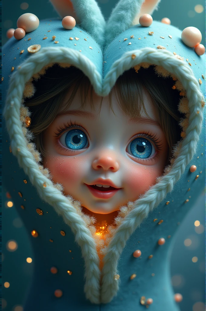 Generate a picture of human inside an hear shape With eyes like sapphires, sparkle with delight
