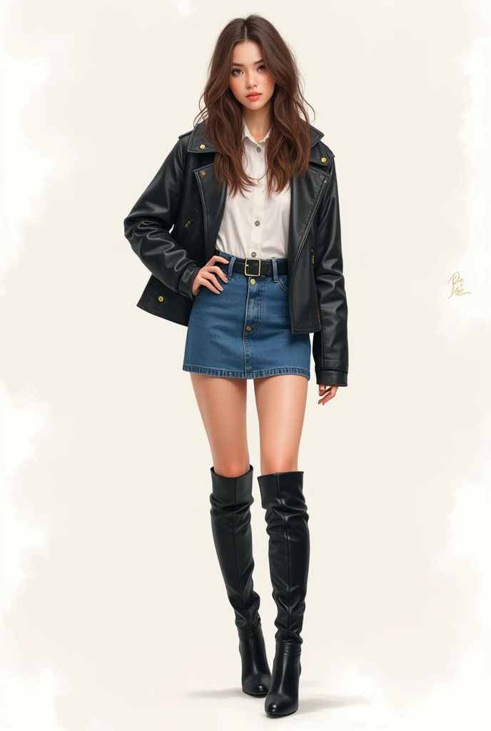 Denim miniskirt with knee-high boots weight 5９
kg height 150ｃｍWoman drawing
