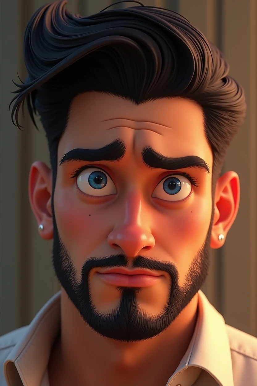 A very handsome white man like a model with a piercing heartthrob&#39;s gaze, well-cut black hair and beard style 2024, blue colored eyes, seducing gaze, Disney Pixar character style, high qualiy, best qualityer 
