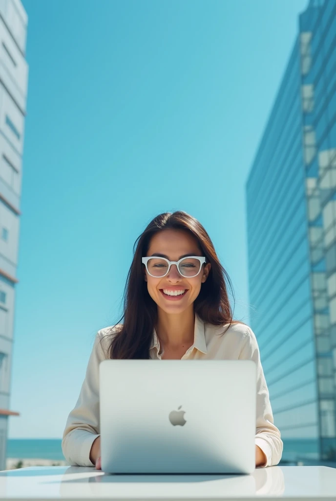 A positive and afully engergized women smiling with transparent glasses working on mac book that is placed on table and background should be clear blue ,clear sky , and building should be made of glass