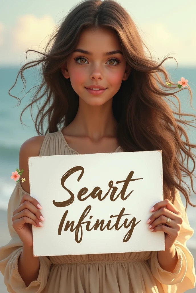Beautiful girl with wavy long hair, bohemian dress, holding a white board with text "I Love Seaart Infinity" and showing it to the viewer