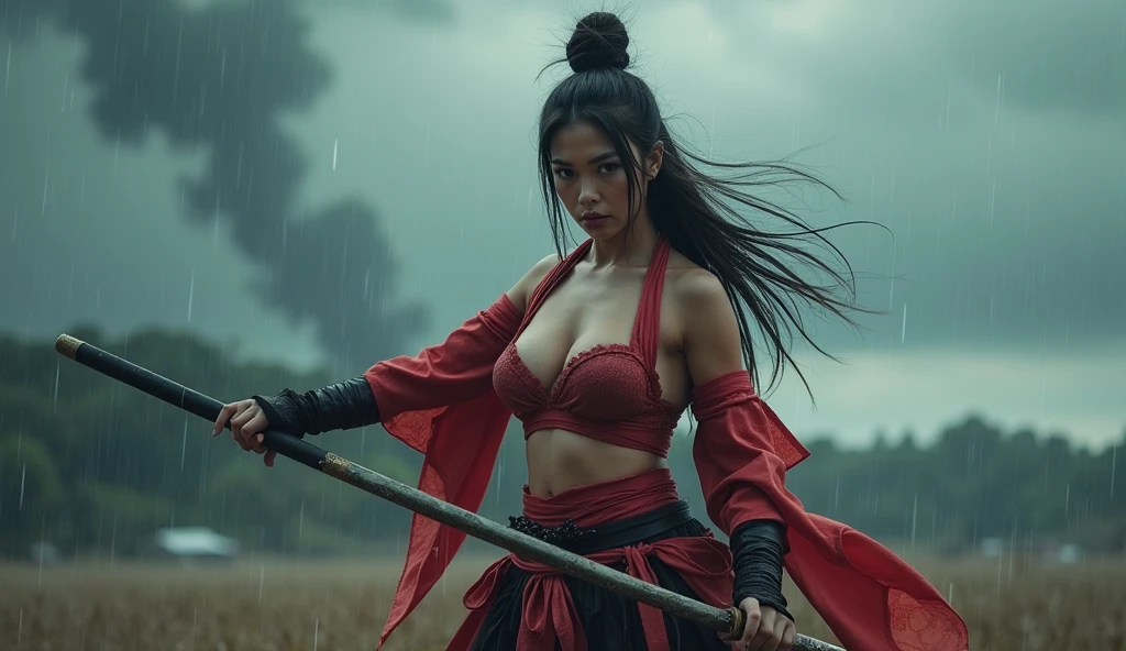 beautiful japanese woman with big breasts in revealing short samurai costume, fighting pose, confident look, battlefield, strong wind, heavy rain, thunderstorm