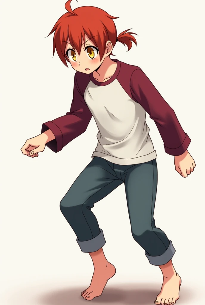 Anime boy has yellow eyes, wears a white t-shirt with a maroon long sleeve shirt underneath it. he has a red ponytail and is barefoot soles, stomping, one leg raised while standing up, viewer is looking up while his foot is coming down on them