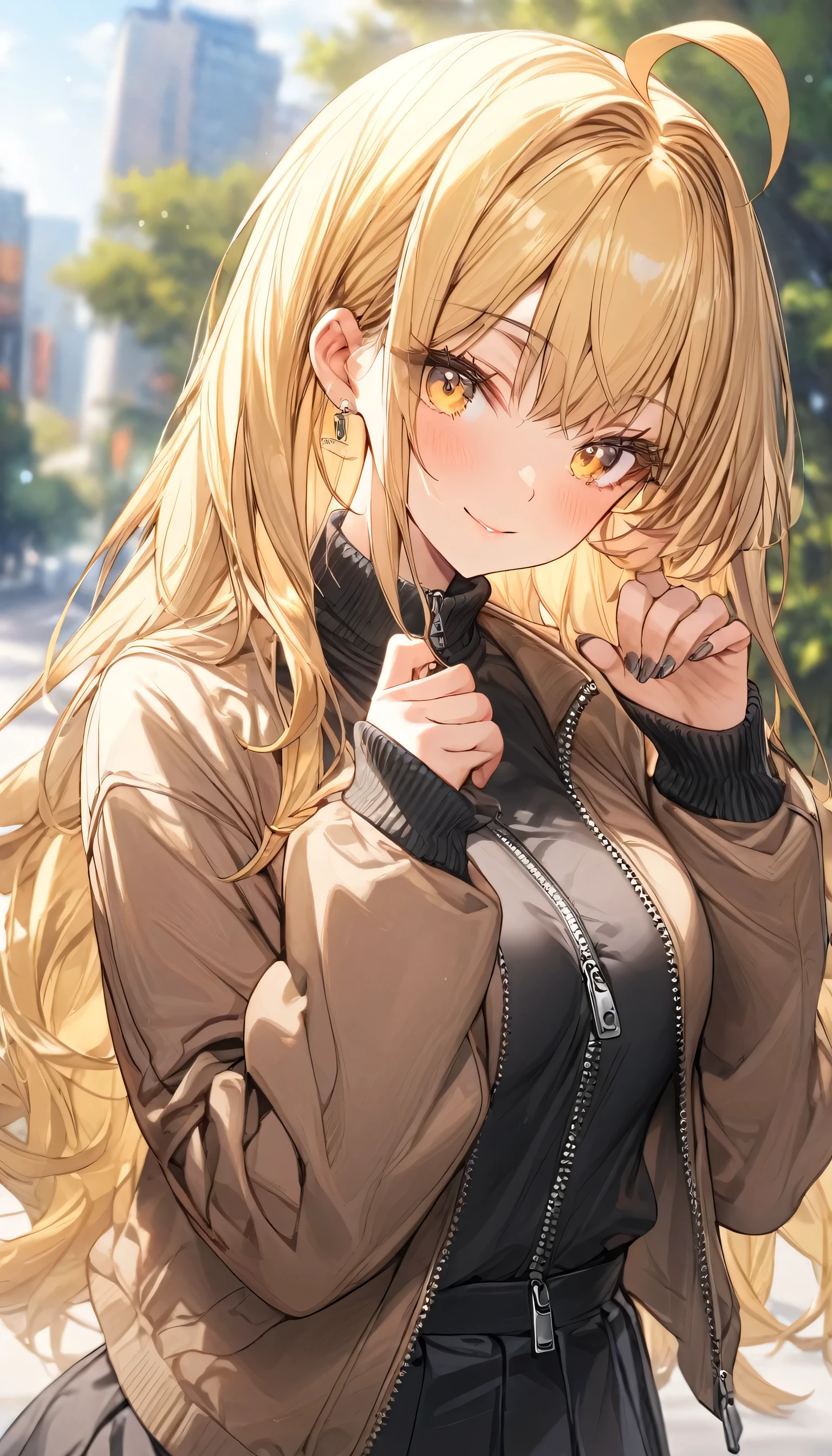 ((masterpiece, best quality)), very aesthetic, absurdres, One girl, Ahoge, bangs, black skirt, black sweater, Blurred, Blurred background, chest, Yellow eyes, Bright blonde Hair, brown Jacket, Mouth closed, Day, Depth of written boundary, No Earrings, eyelash, eligant posture, Tilt your head, Jacket, No jewelry, Long Hair, Long sleeve, View Viewer, medium chest, Manicure, Open clothes, open Jacket, Outdoor, Pursed lips, Tucked in shirt, Side Lock, skirt, Sleeves are longer than the wrist, alone, sweater, Upper Body, zipper, smile,