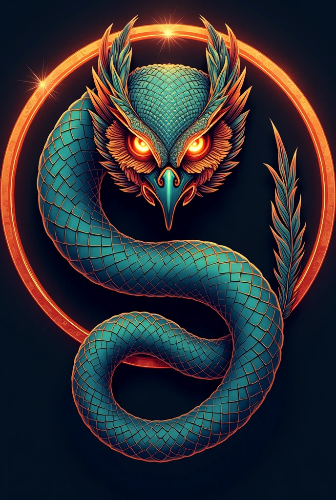 Create a logo in the shape of an ouroboro eating its tail, IN THE SHAPE OF A CIRCLE, like Quetzalcoatl the feathered serpent and who has a necklace of owl eyes like fire.