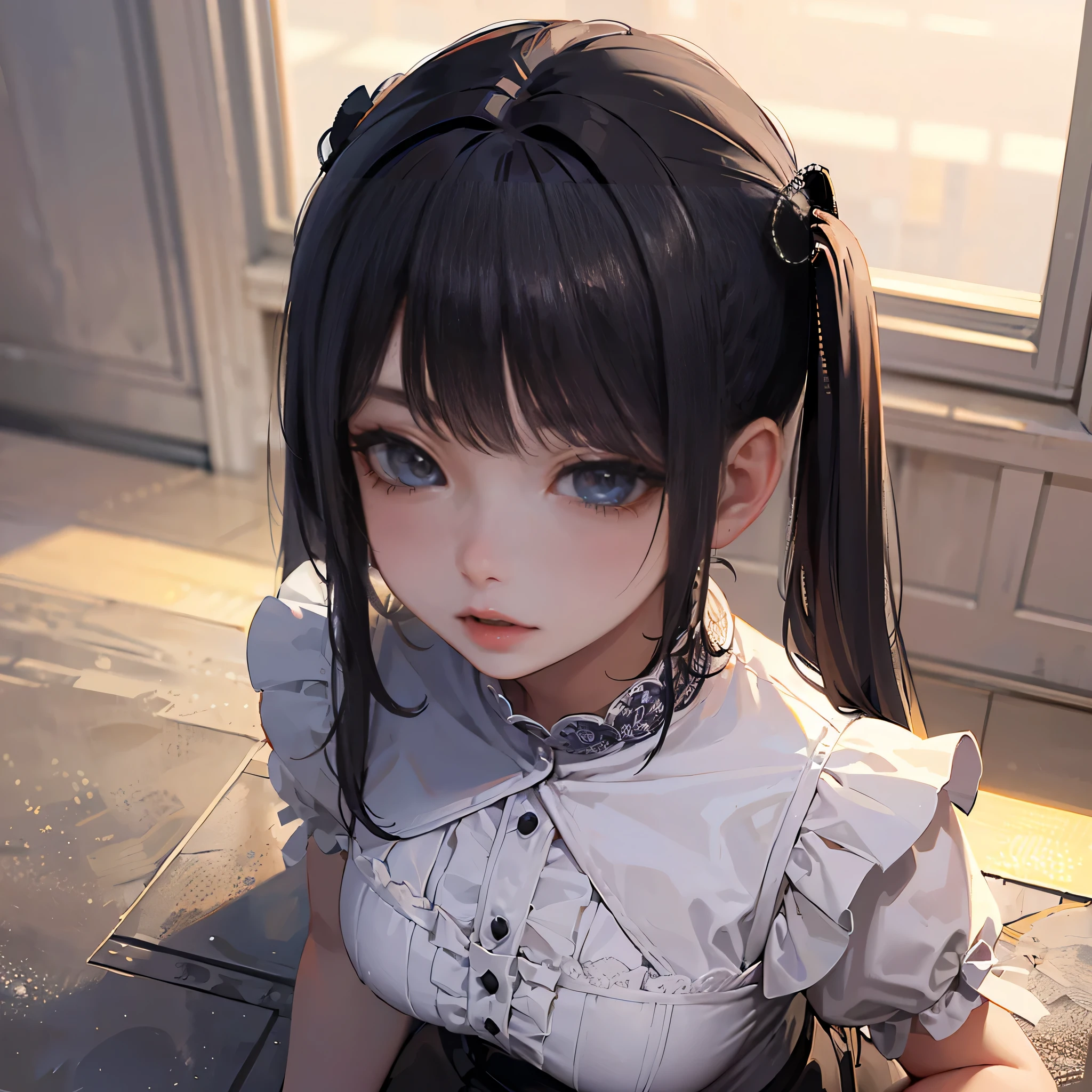 (8k, RAW Photos, Very delicate and beautiful, Ultra-high resolution, Highest quality, masterpiece: 1.2), (Real、Photorealistic: 1.4), (Highly detailed 8K wallpapers, 3d), Cute girl like a doll, highly detailed dress, Gothic, Lolita, Big red ribbon, Highly detailed twintails, Blunt bangs, Lustrous black hair, Transparent white skin, Pink Cheeks, large, round eyes, Tear bags, Long eyelashes, Thin lips, slightly raised corners of the mouth, round face, From above, Looking at the camera, The best light, Perfect composition,