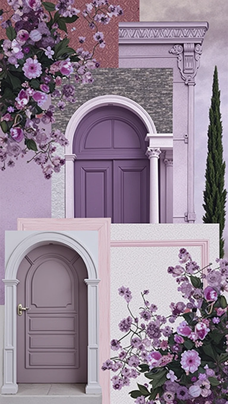 Lilac collage-type wallpaper about architecture and aesthetic and feminine design 