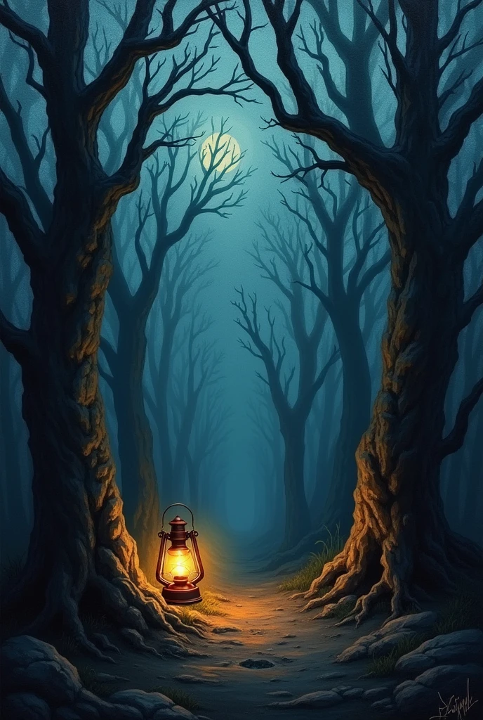 A dark, atmospheric painting of a haunted forest, with gnarled trees and spooky shadows, illuminated by a single, flickering lantern.