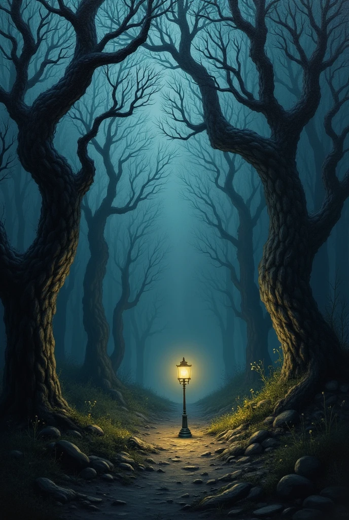 A dark, atmospheric painting of a haunted forest, with gnarled trees and spooky shadows, illuminated by a single, flickering lantern.