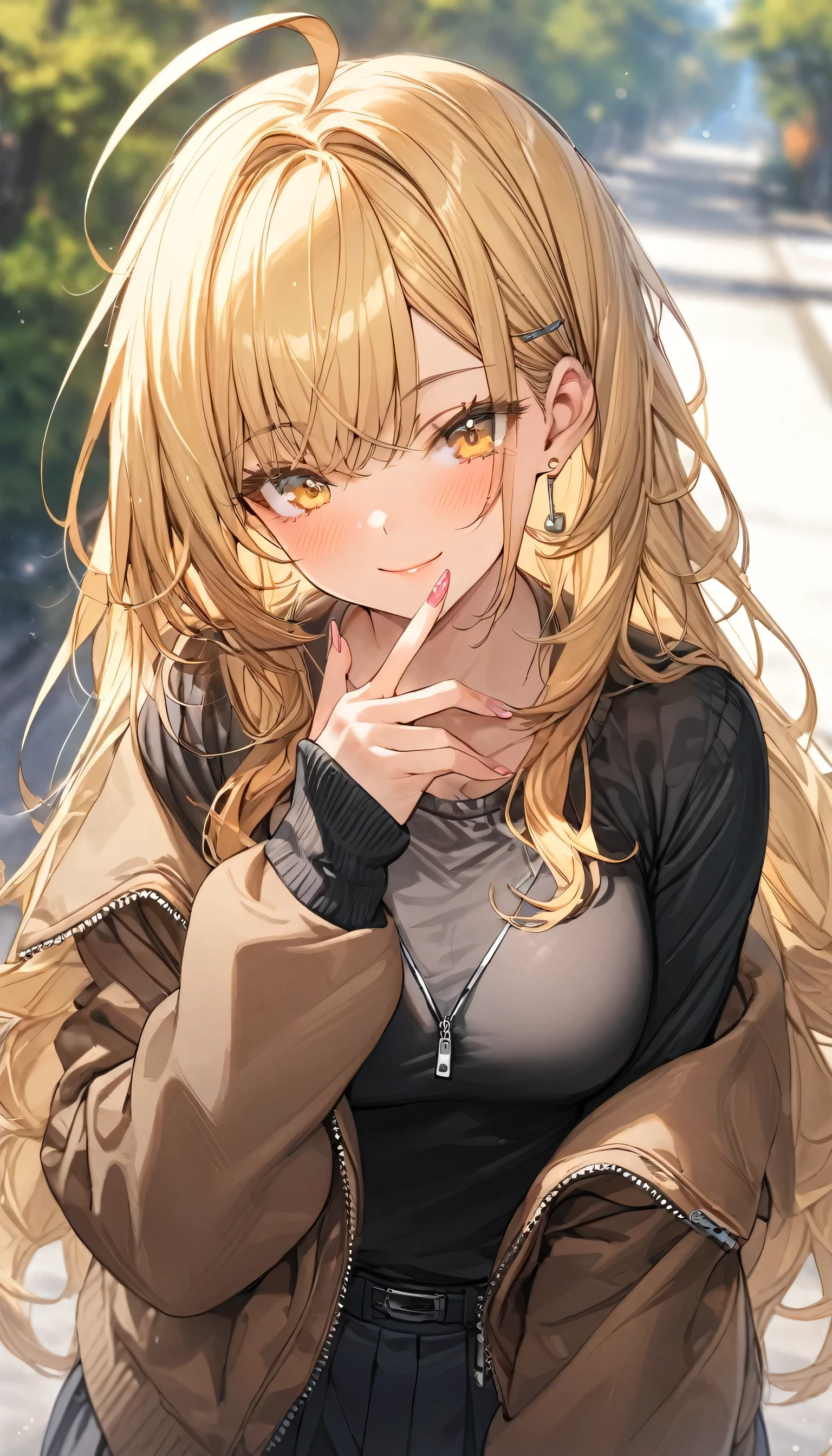 ((masterpiece, best quality)), very aesthetic, absurdres, One girl, Ahoge, bangs, black skirt, black sweater, Blurred, Blurred background, chest, Yellow eyes, Bright blonde Hair, brown Jacket, Mouth closed, Day, Depth of written boundary, No Earrings, eyelash, eligant posture, Tilt your head, Jacket, No jewelry, Long Hair, Long sleeve, View Viewer, medium chest, Manicure, Open clothes, open Jacket, Outdoor, Pursed lips, Tucked in shirt, Side Lock, skirt, Sleeves are longer than the wrist, alone, sweater, Upper Body, zipper, smile,