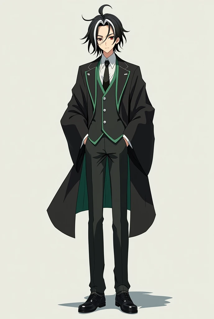 An anime character that has white scissor seven style hair with a black and brown colored quiff around the version with black and white colors, a suit with a black and green kimono around it with black and white colored eyes around it, medium long black and brown hair around the version with that looks nice, that looks good, that wears black shoes, that looks seriously elegant and that looks older than about twenty-five years old. 
