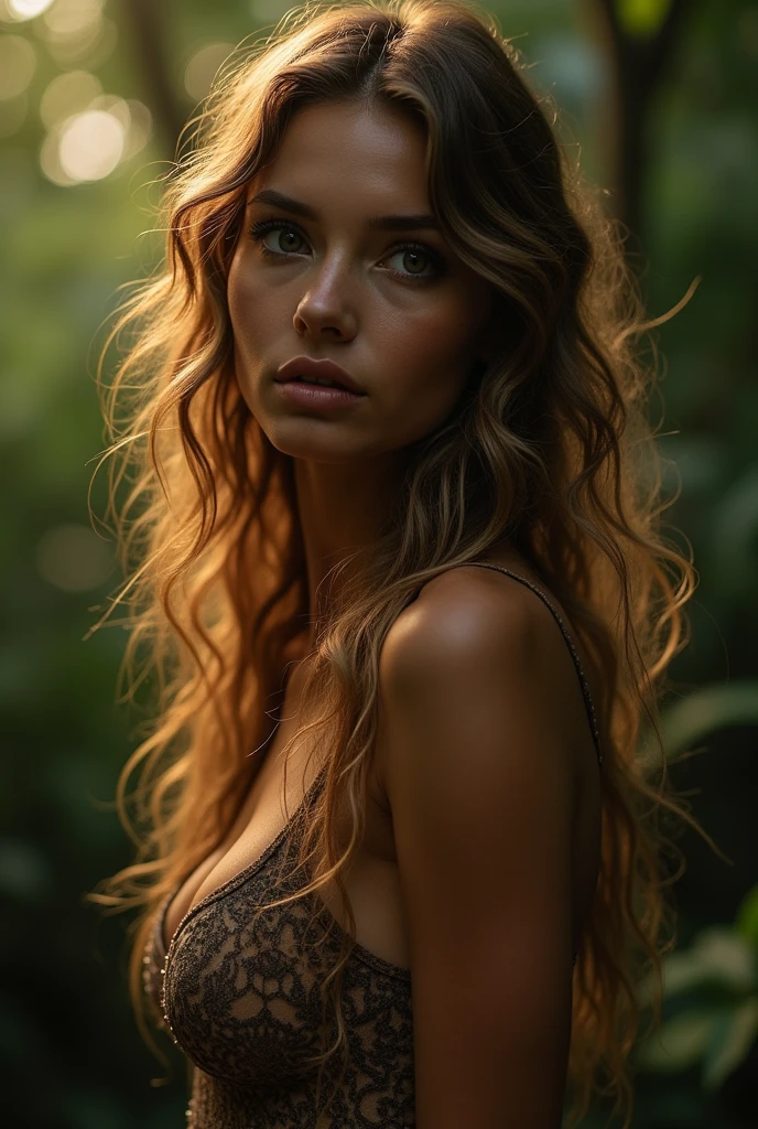 A (((woman with long, messy hair))), Woman with slightly generous curves. 100Dd breast prize.cleavage.caught in a moment of (((dazzling incomposure))), fully immersed in a (((wild and untamed jungle environment))), her form reflecting the glow of a (((serene, powerful, and untamed Lion))) with a mesmerizing (((intense connection))) between its gaze and a (((stunningly beautiful girl))) whose features mirror the (intricate details) of a (((fierce but elegant Lion's fur))), as they share a (((momentous bond))) that transcends the (ambient darkness) and brings a sense of (serenity, strength, and untamed beauty) to both.