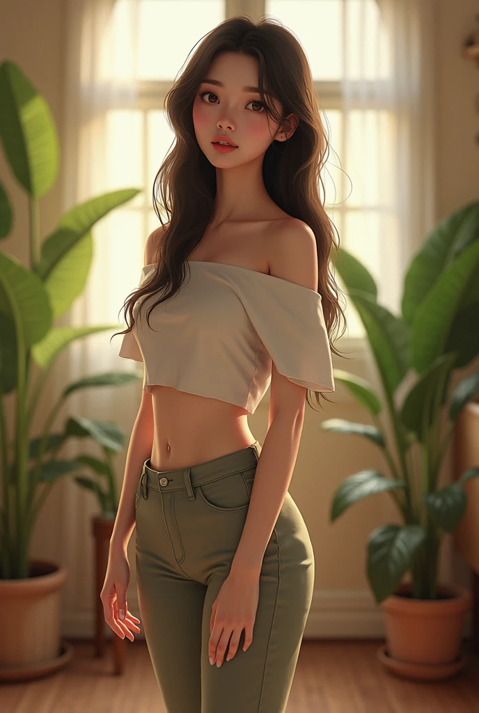 (photorealism:1.2), cute woman, standing on street, wearing loose off-shoulder top, hot pants, long hair, indoors, soft lighting, plants in background, window with sunlight, cozy room, relaxed pose, realistic, intricate details, warm colors, slender, korean, virgin