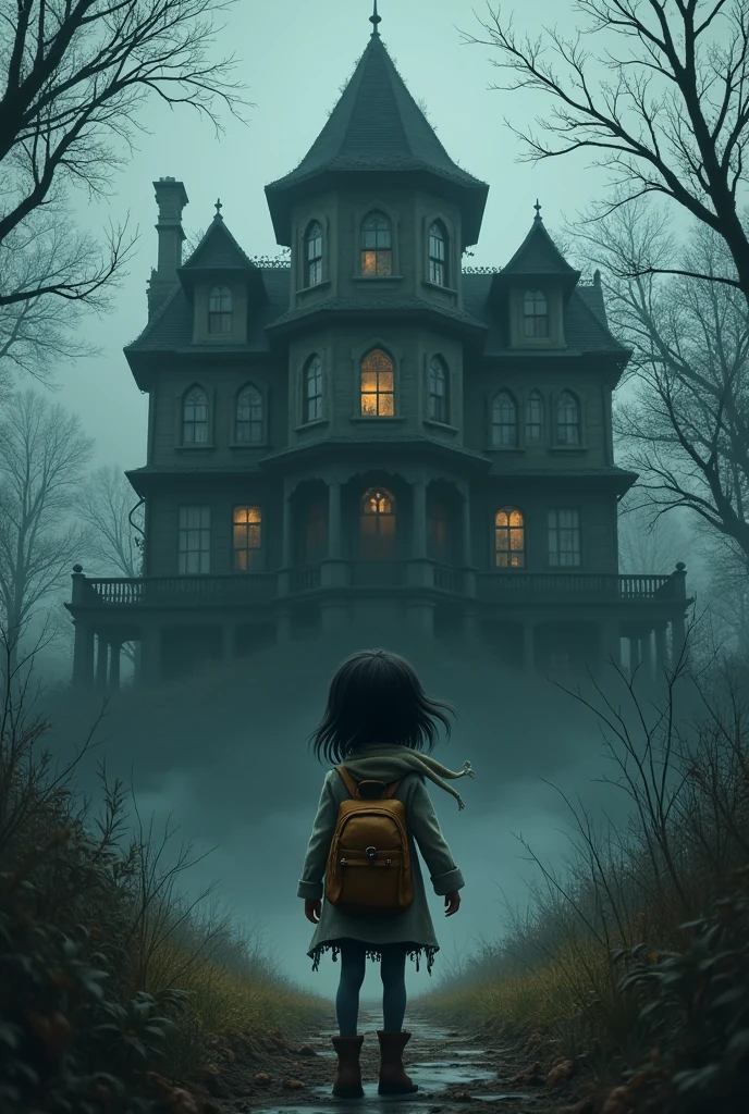 A girl outside of haunted house