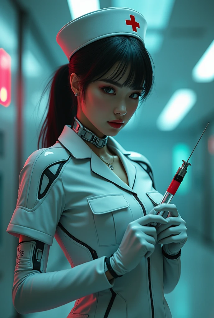 Scientist catgirl in latex leggings