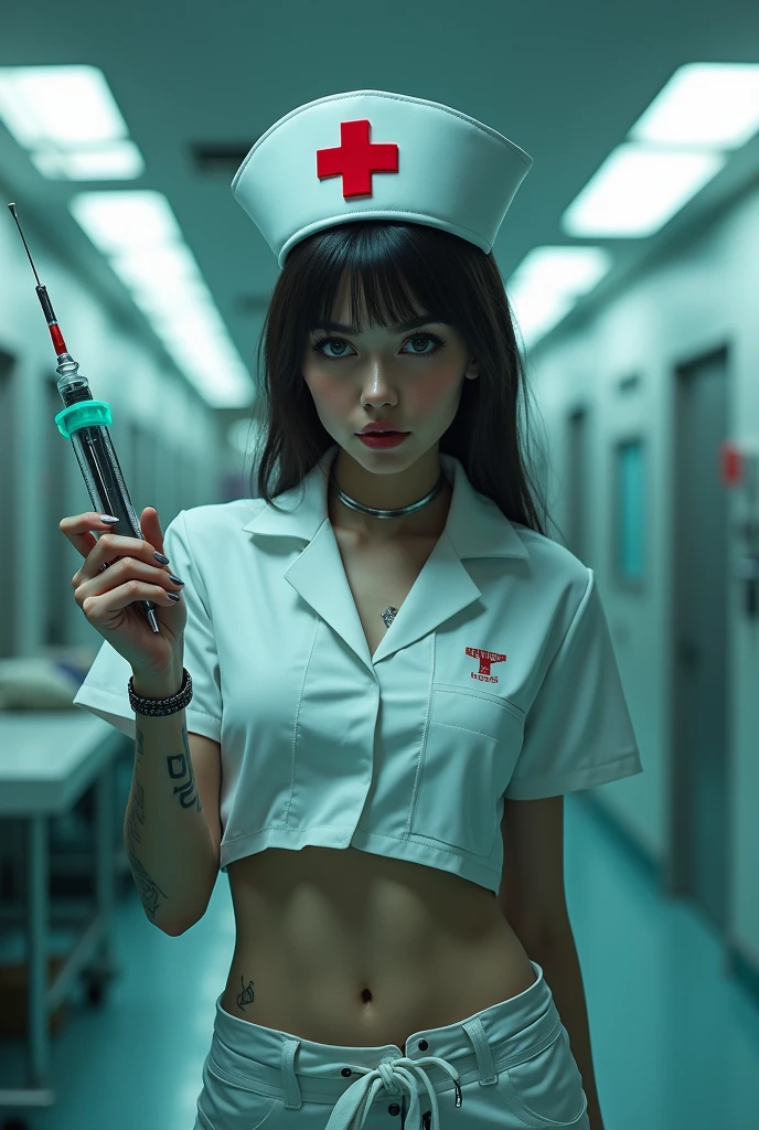 cyberpunk Hospital, Working in a hospital with the most advanced technology、A very stylish and beautiful female cyborg nurse, (holding a big syringe_With your arms raised above your head, armpit exposure: 1.7), ((Nurse uniform exposed, Nurse's hat and red cross symbol: 1.7)), Complex Machinery Parts, Glowing cybernetic enhancements, perfect skin, delicate facial features, beautisaturatedy detailed eyes, pointed nose, saturated, beautisaturatedy detailed lips, long eyelashes, very detailed eyes and face, muscular, Perfect and ideal proportions, big, tight waist, big ass, fascinating look, Six-pack, navel, Tattoo, Shadowless Light, Moody yet dynamic atmosphere, dramatic lighting, structure of the film, vivid colors, Sophisticated futuristic armor, Elegant Pose, piercing, (best quality, 4K, 8k, high resolution, masterpiece: 1.2), very detailed, (realistic, realistic, realistic: 1.37), Complex machinery, advanced technology, Dynamic action, dramatic shadows, movie angle, Intense expression, dramatic lighting, Neon Highlights, complex pattern, Future-proof environment, very detailed faces, structure of the film, dynamic pose, A tense atmosphere, rich colors, Advanced Weapons, cyberpunk, sf, digital art, Mecca,