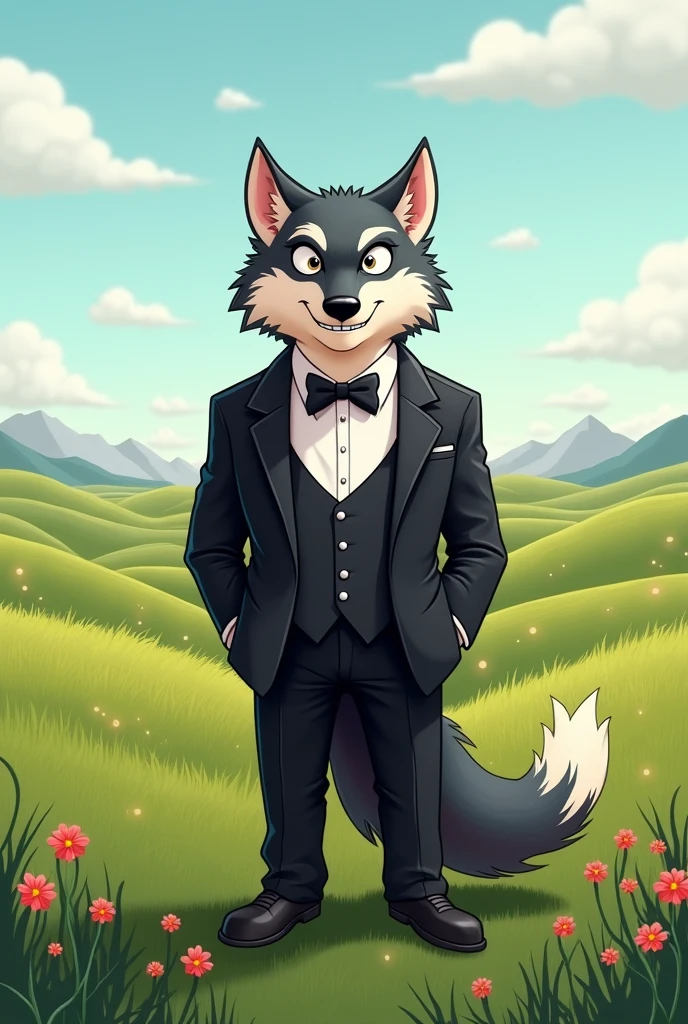 Cartoons wolf wearing toxido with plains background 
