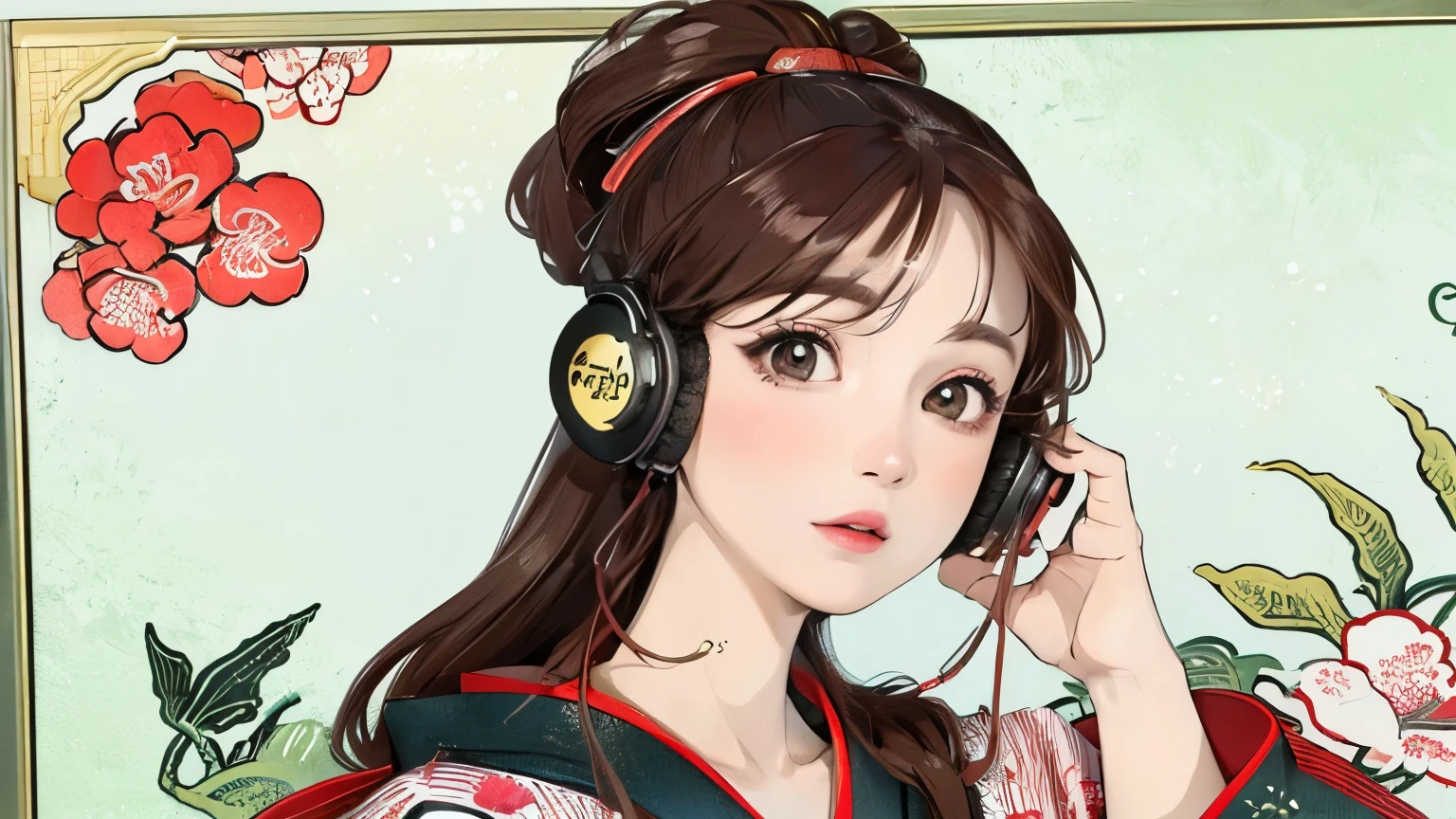 (Highest quality, 8k, masterpiece, High resolution), (whole body), Vibrant colors, (headphones, wearing headphones), Brown-black bob, Traditional topknot, Ample breasts, (Highly detailed face and eyes, Beautiful Face, Beautiful Eyes, Beautiful nose, Pretty lips), Official Art, Ukiyo-e style, (Beautiful woman in kimono), (Vivid floral patterned kimono), background, river, bridge, Mountain, wood, Starry Sky, moon, plum, Lantern, (close up),