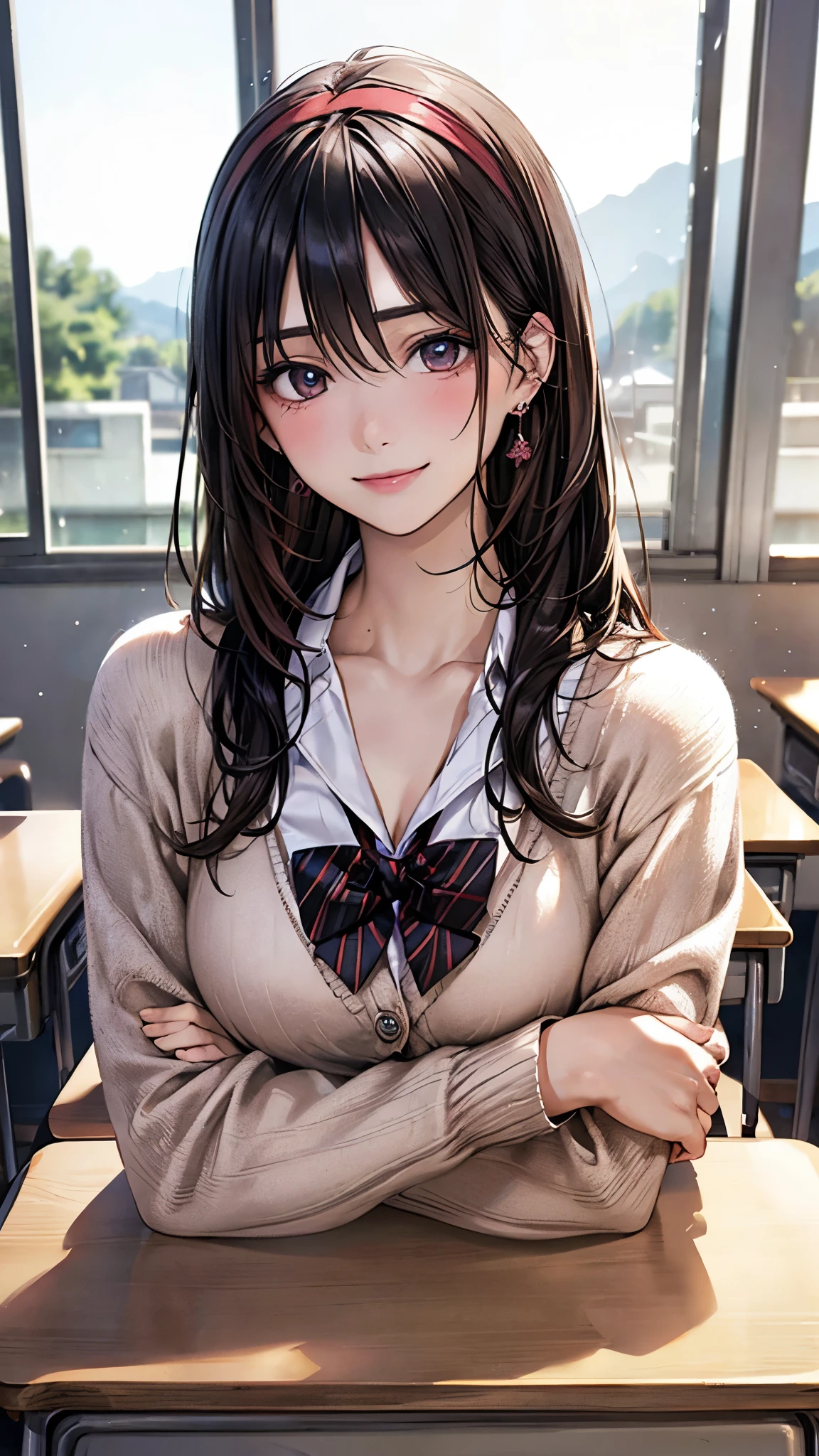 (masterpiece:1.2, highest quality), (realistic photo:1.4), beautiful illustrations, (natural side lighting, movie lighting), 
looking at the viewer, (((pov across table))), 1 girl, japanese, high school girl, perfect face, cute symmetrical face, shiny skin, baby face, 
(long hair, straight hair, black hair), hair between eyes, maroon eye idol chest, seductive thighs, big ass), earrings, break (dark red hairband, dark red flat bow tie), break
beautiful hair, beautiful face, detailed and beautiful eyes, beautiful clavicle, beautiful body, beautiful breasts, beautiful thighs, beautiful feet, beautiful fingers, slender, 
(white collared shirt, long sleeve pink knit cardigan, black pleated mini skirt, ), 
(beautiful scenery), evening, (school classroom:1.2), (school desk, school textbook, crossed arms), (cute smile, upper eye)