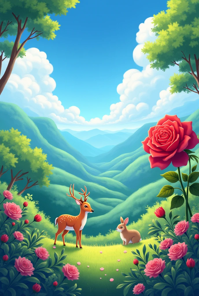 Blue sky.. white and blue cloud.green mountain and trees.. middle in dark pink colour flowers much middle one big red rose side one small deer and rabbit