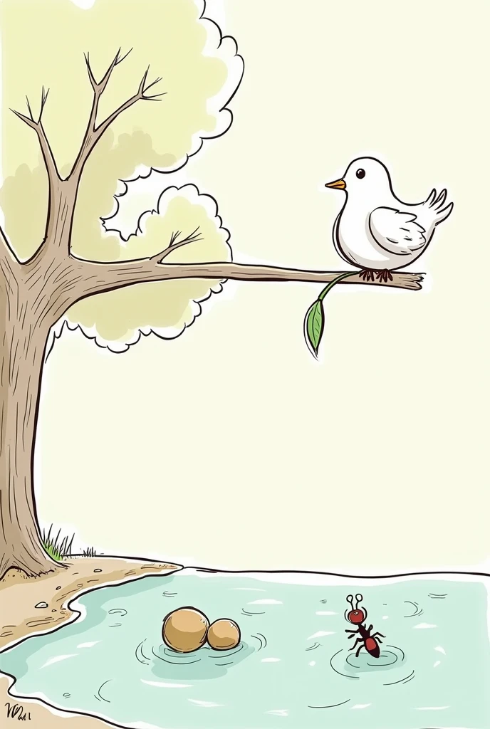 Generate cartoonish Sketch picture of a dove carrying a leaf in its beak sitting on a tree observing ant drowning in water along a lake