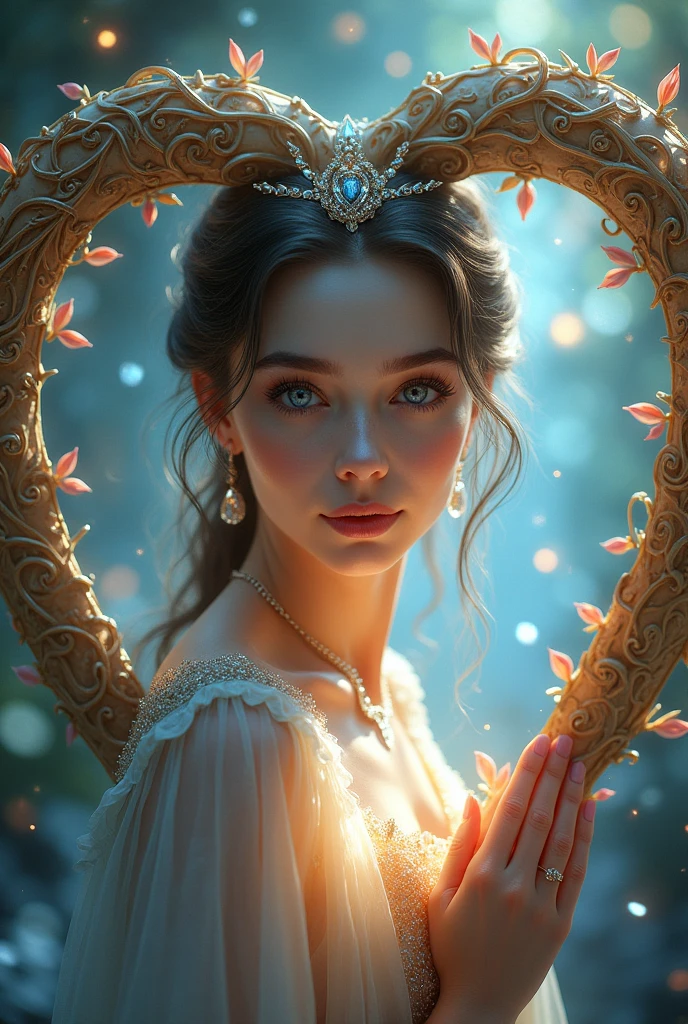 Generate a queen inside an hear shape With eyes like sapphires, sparkle with delight 