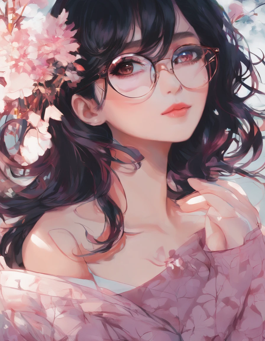 Beautiful girl, black hair, long, burgundy off the shoulder sweater, aviator glasses, insanely detailed, 8k, high definition