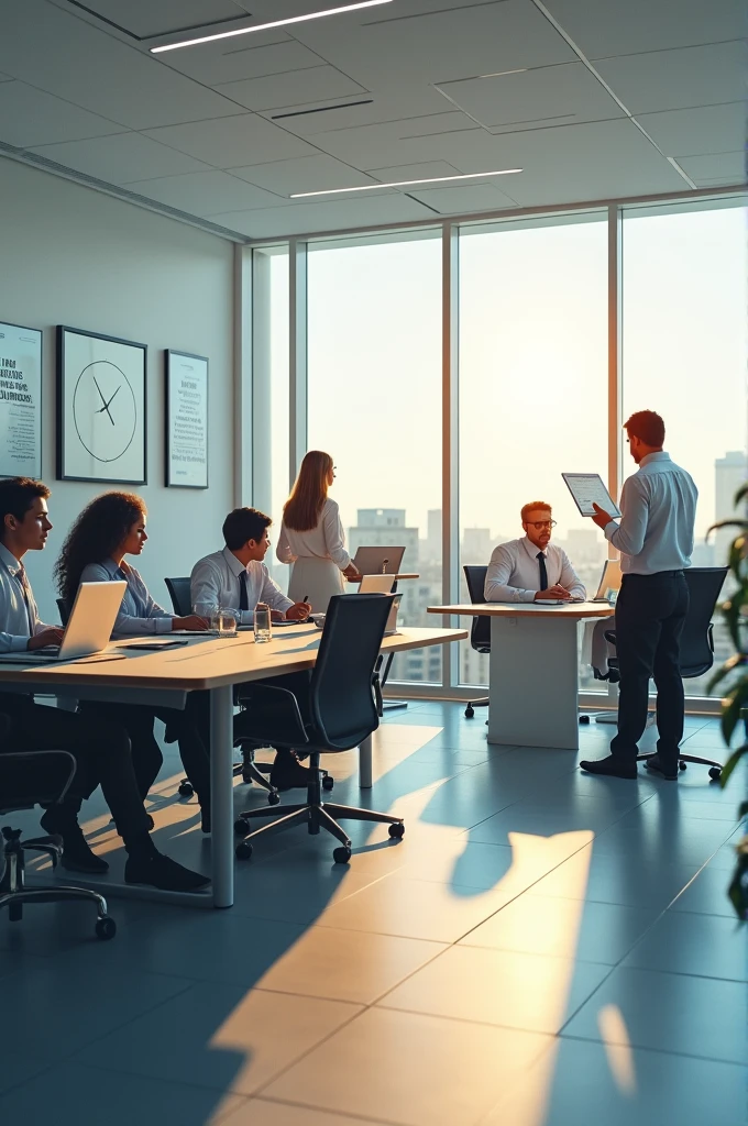 Images of people working in office, seeing the time, making goals 