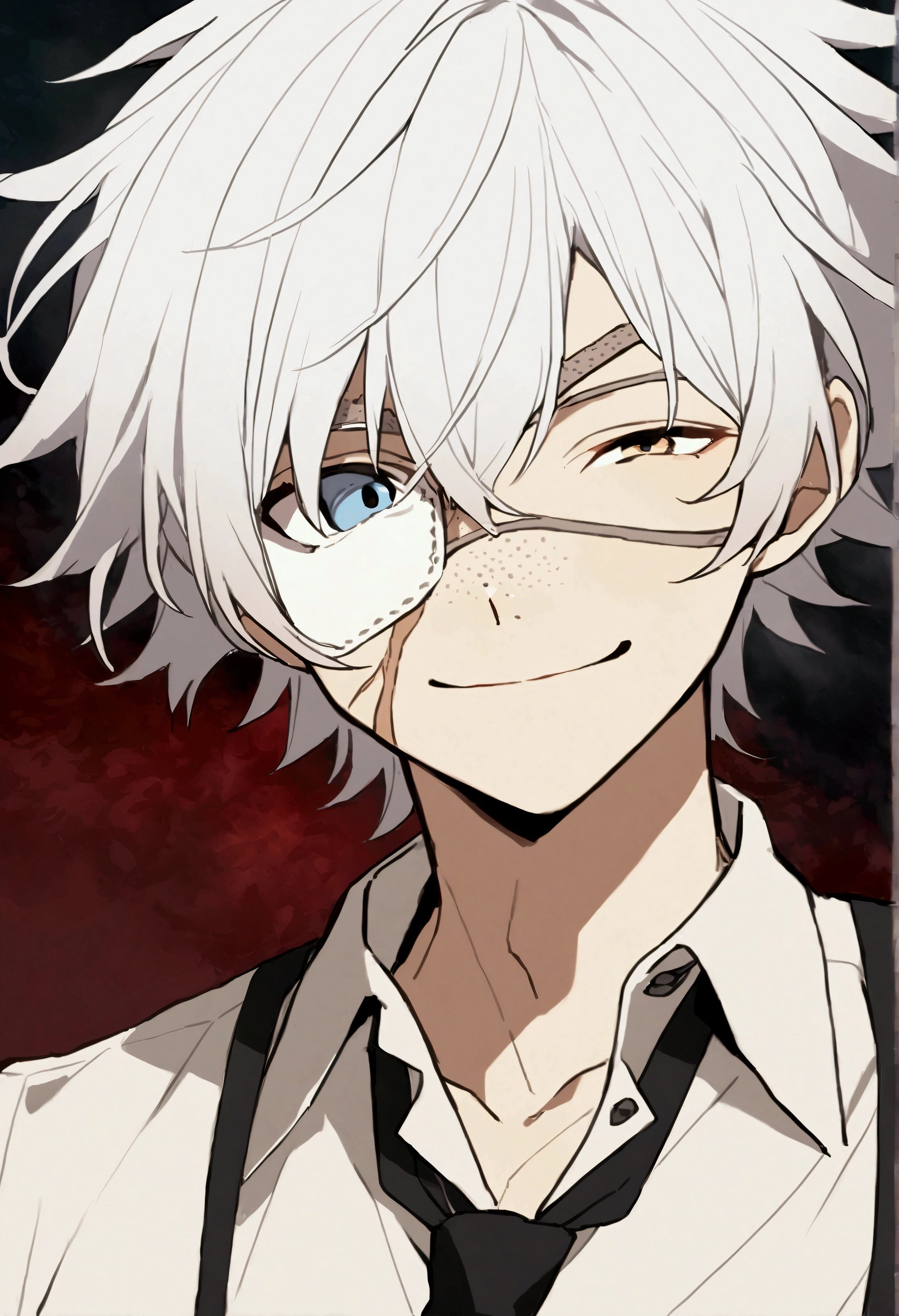 1boy,blue eyes,White hair,White eye patch, one eye covered, one eye showing,Collared shirt, black tie, black suspenders, short messy hair, long ponytail,Simple background,solo,cheery smile, freckles on cheek, freckles on nose, scar on cheek, small scar on jawline, small scar on eyebrow.