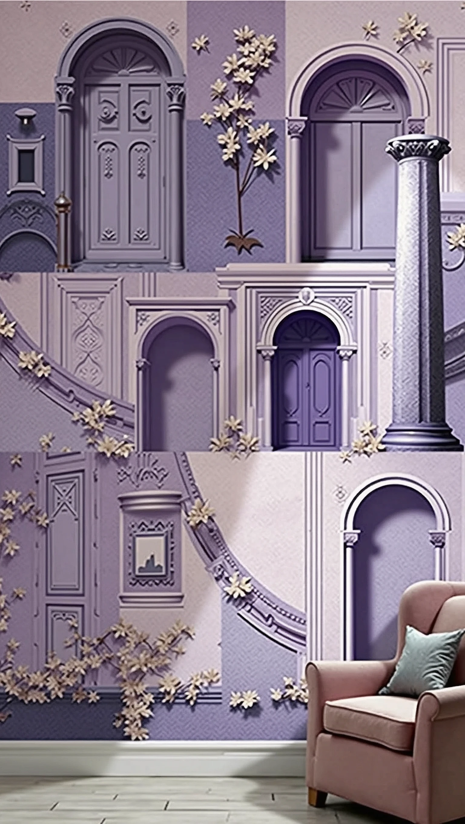 Lilac collage-type wallpaper about architecture and aesthetic and feminine design 