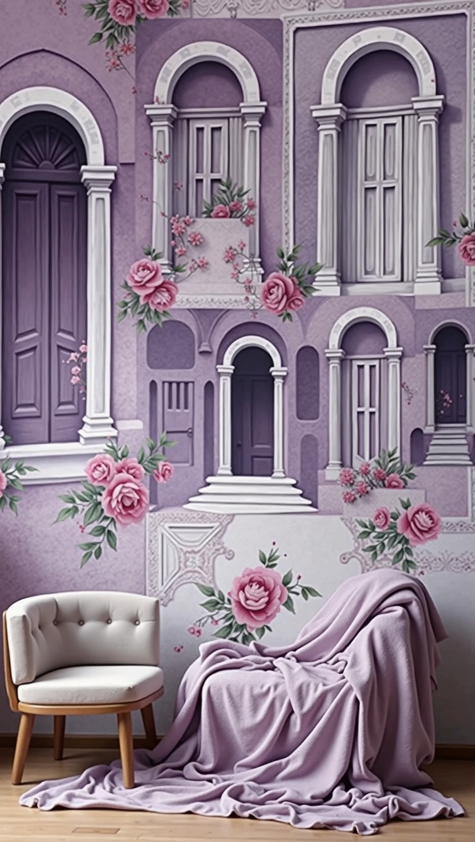 Lilac collage-type wallpaper about architecture and aesthetic and feminine design 