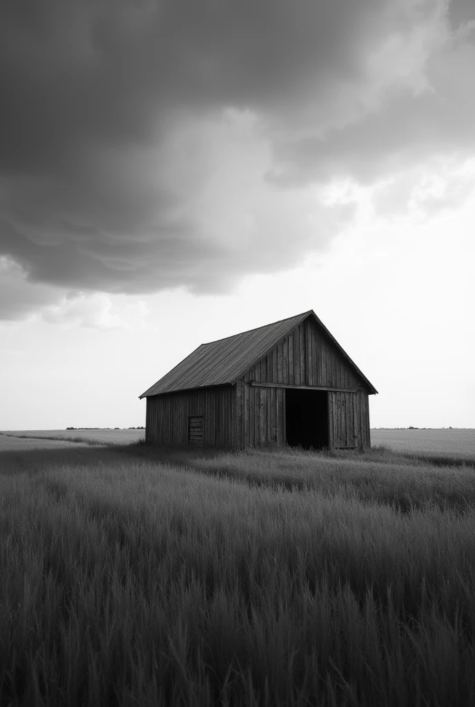 A minimalist, black and white photograph of a lone, weathered barn, standing in a field of tall grass, with a dramatic, stormy sky above.