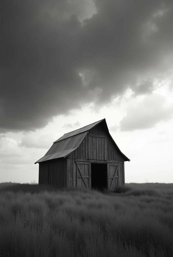 A minimalist, black and white photograph of a lone, weathered barn, standing in a field of tall grass, with a dramatic, stormy sky above.