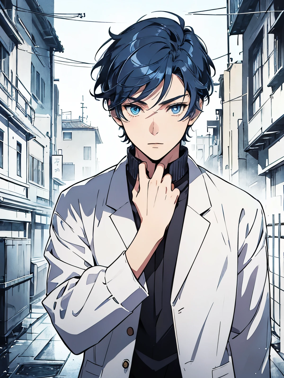 a ager boy standing, navy blue eyes, Blue hair, mix of modern and traditional clothes, Beautiful Face, white color, 20 years old, mature look, anime art style, neon background, anime background, manga panel cover style, detailed eyes, focused eyes, beautiful hands, close up shot