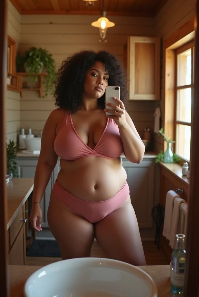arafed woman taking a selfie in a mirror in a bathroom, curvy, fit pic, curvy thigs, curvy body, thick, skinny waist and curvy hips, thick thighs, thicc build, cottagecore!! fitness body, she has a jiggly fat round belly, thighs!!!!!!, exposed thighs!!!, thighs, some pink, tight outfit