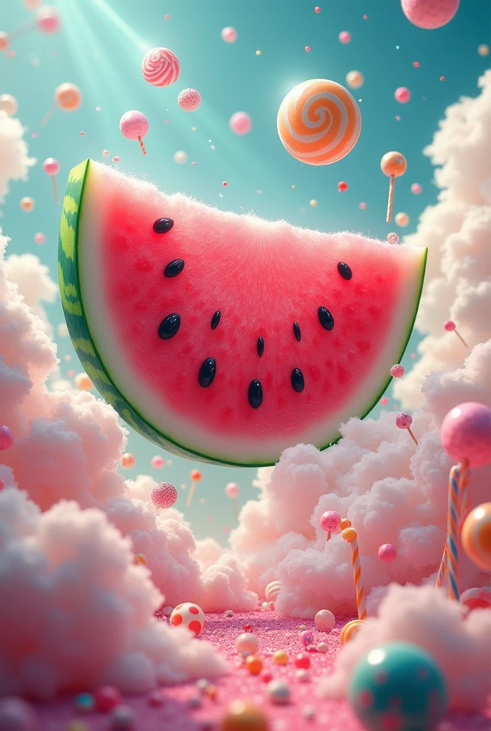 Watermelon and candy perfume with a design of clouds and the world of candies