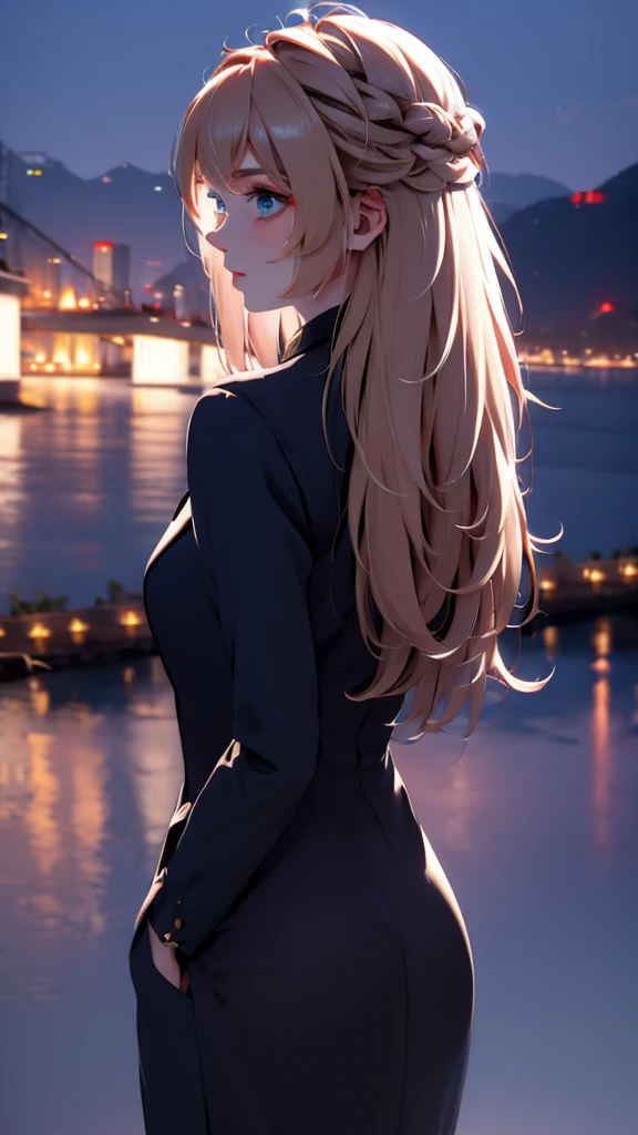1 girl, medium light gold hair, light blue eyes, wearing black suit, night city, absurdres, high res, ultrasharp, 8K, masterpiece, looking from behind