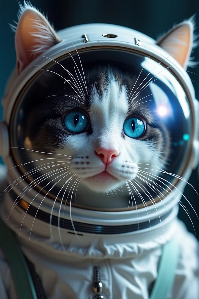 Photographic Reality　Cat astronaut couple　Cat in a spaceship　(Space and astronaut cat:1.2) (Disheveled silver hair:1.1) (Heterochromia、Black and white cat、blue eyes:1.2) (Space Helmet:1.0) (Colored stars in my eyes:1.0) (Shining Sparkle:1.1) 