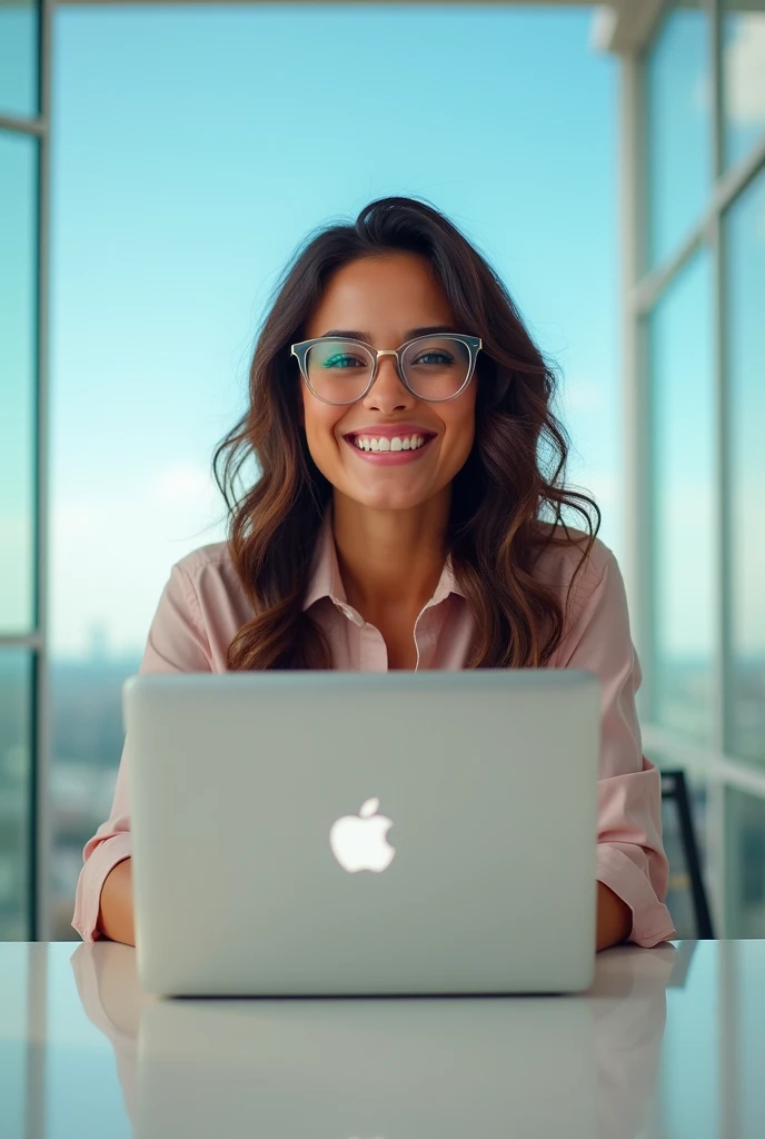A positive and afully engergized women smiling with transparent glasses working on mac book that is placed on table and background should be clear blue ,clear sky , and working in a glass made well maintained office