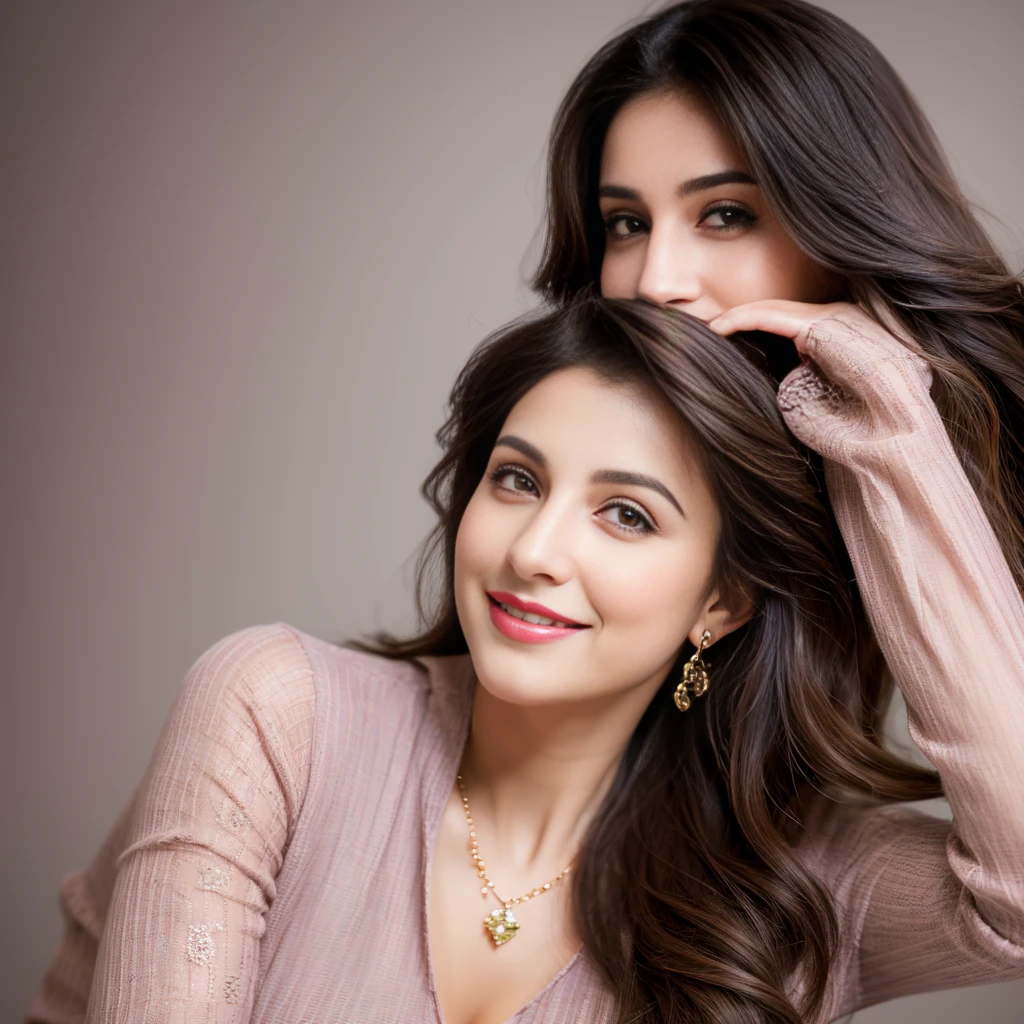 (realistic,photorealistic,photo-realistic:1.37),highly detailed, mauve color anarkali, smiling,gorgeous women,beautiful detailed eyes,beautiful detailed lips,realism style,dynamic pose,full body,8k quality,depth field,wavy long black hair,professional portrait lighting,vivid colors,ultra-sharp focus,soft natural lighting,sophisticated expression,breathtaking composition,subtle background,highres