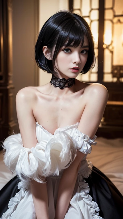 ((masterpiece))), (((Highest quality))), (((Very detailed))), Combat Action Pose, 1 female, (((Very thin body))), 18-year-old, (((short black bob, Fluffy and thick bangs))), Cosmetics Free, small, Thin Nose, small, Thin-lipped mouth, (((Very sharp focused eyes))), Large slit-shaped, Precise pale grey eyes, Shining like a jewel, Long eyelashes, ((Highly complex digital fashion, Gothic Fashion, Lace and frills , Overly decorative fashion)), (((Abandoned for the night, Sophisticated virtual fires and explosions))), (((Overall accuracy has been dramatically improved, creating a Very detailed and realistic image))).