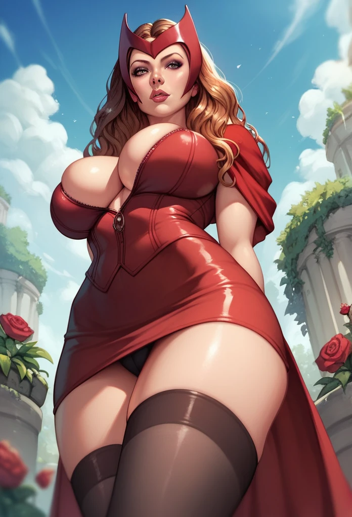 Scarlet Witch ( Marvel ), big breasts, deep cleavage, Short skirt, black stockings, standing in a garden, view from below , hands behind her back