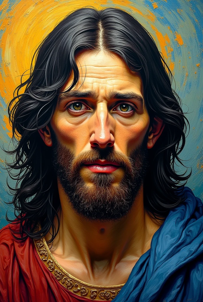Self-portrait of Jesus Christ in the style of Van Gogh, not as it is known, with black hair , beard like an Arab