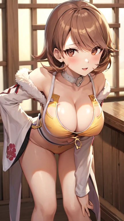(masterpiece), 1girl, solo, standing in a japanese traditional house, cleavage, hanging breasts, leaning forward, wide hips, big and round ass, horny face, Thick thighs, cleavage cutout, looking at viewer, underwear only, white bra, hands on hips, big breasts