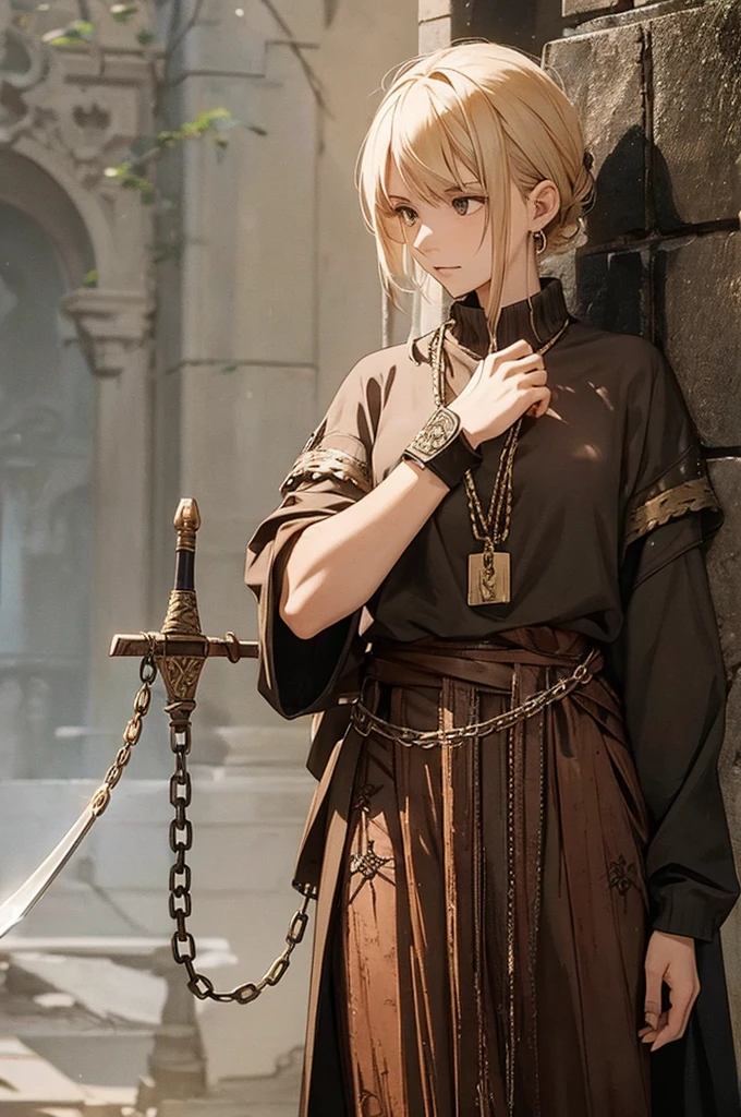 a wooden sword with a chain attached to it