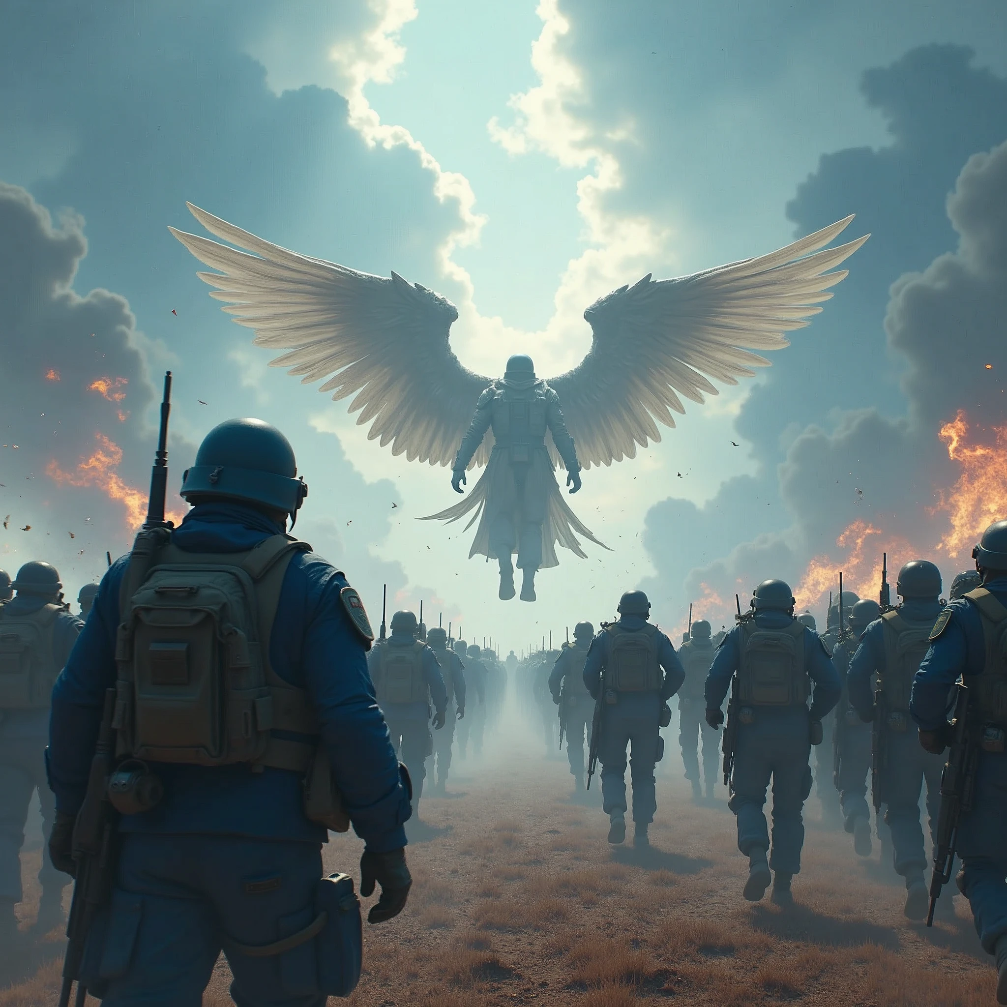The back view of the brave defenders marching against the ugly and cruel demonic army, An angel flies and chases the soldiers of the National Defense Forces , National flag , Blue and white, Modern army, Tactical equipment, Art shows the triumph of good over evil, Doomsday Battlefield , masterpiece, Award-winning works, dramatic, Highest quality, 4K, Wide Image, High resolution