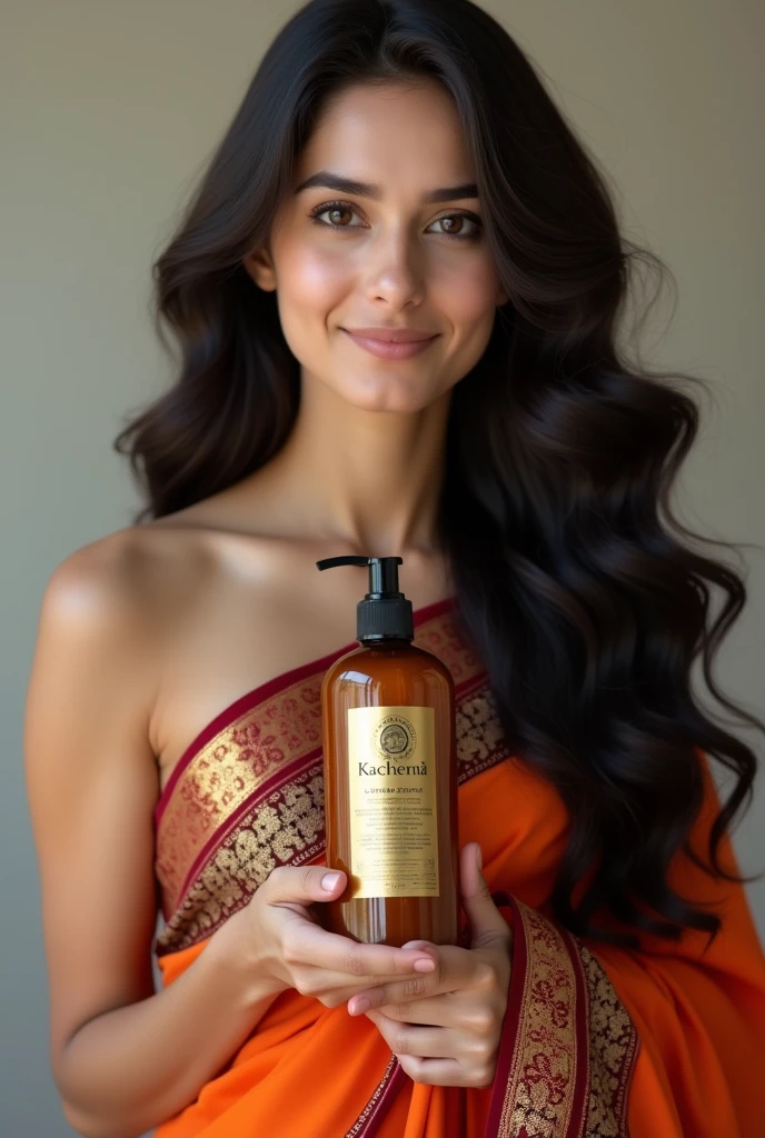 Beautiful girl with wavy long hair, in saree display "I use Lakshmi Kachenna for my hair" and showing it to the viewer