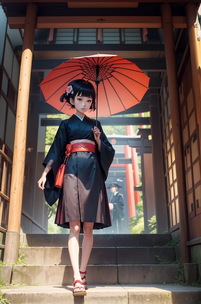 there is a anime standing on a set of steps with an umbrella, takato yomamoto. inspired by Torii Kiyomoto, japanese art style, inspired by Torii Kiyomitsu, inspired by Torii Kiyomasu, inspired by Kōshirō Onchi,