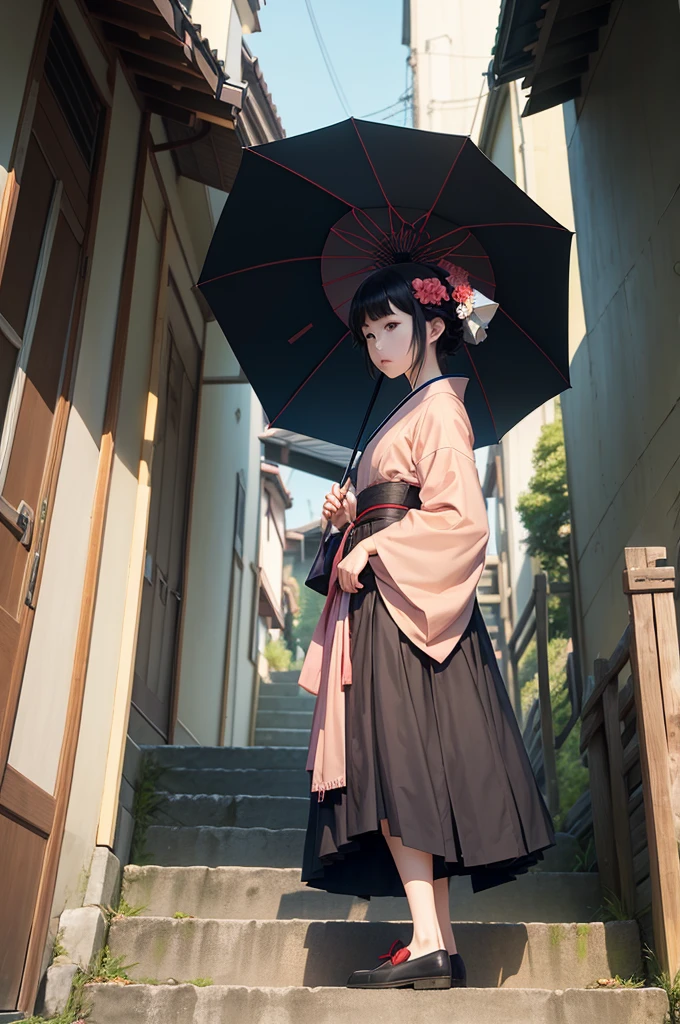 there is a anime standing on a set of steps with an umbrella, takato yomamoto.  inspired by Torii Kiyomoto, japanese art style, inspired by Torii Kiyomitsu, inspired by Torii Kiyomasu, inspired by Kōshirō Onchi,